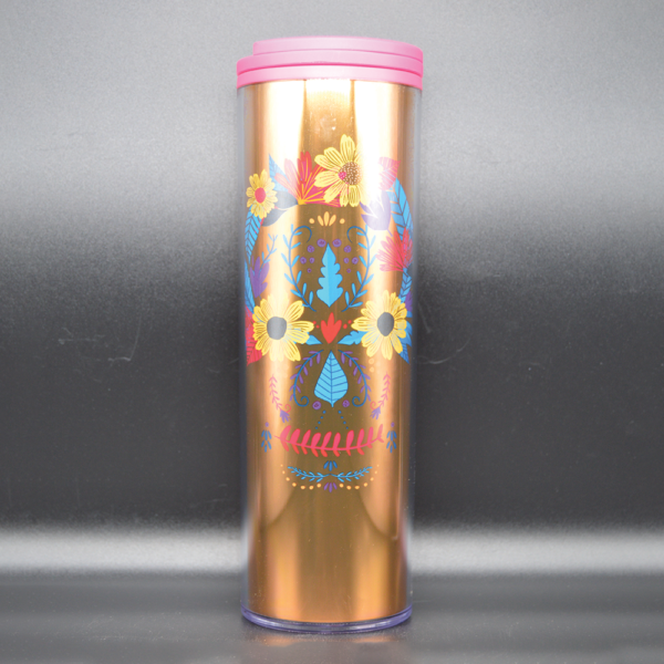 Mexico Gold Dia de Los Muertos Tumbler (Pink Lid)